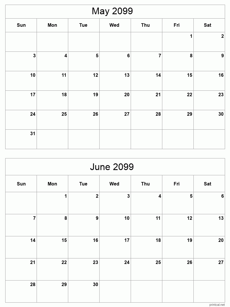 2 month calendar May to June 2099