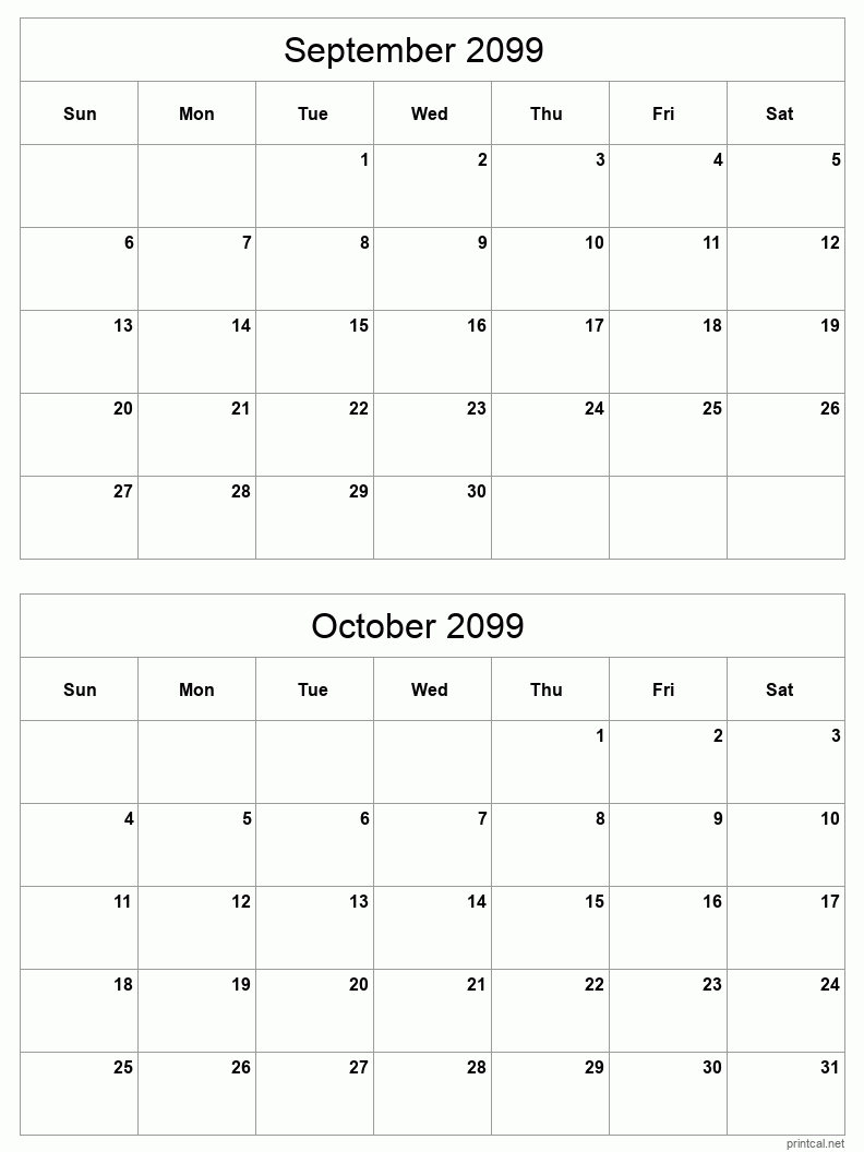 2 month calendar September to October 2099