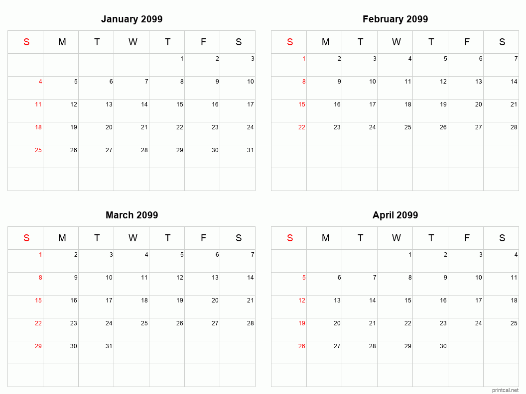 4 month calendar January to April 2099