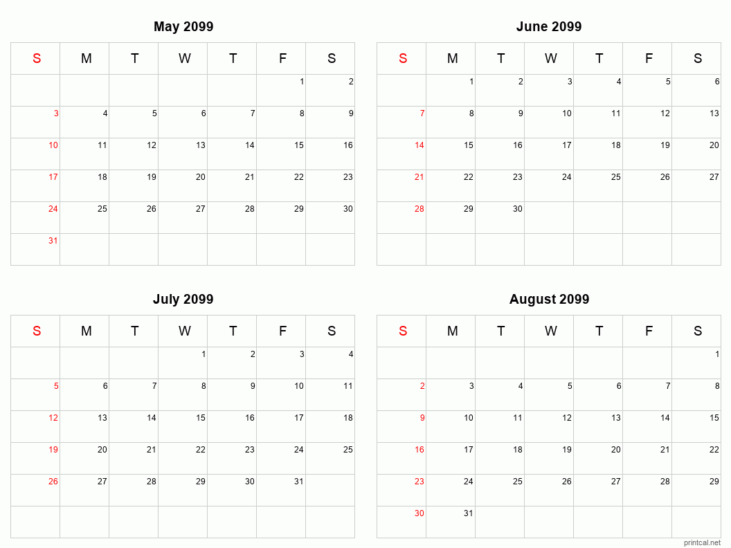 4 month calendar May to August 2099