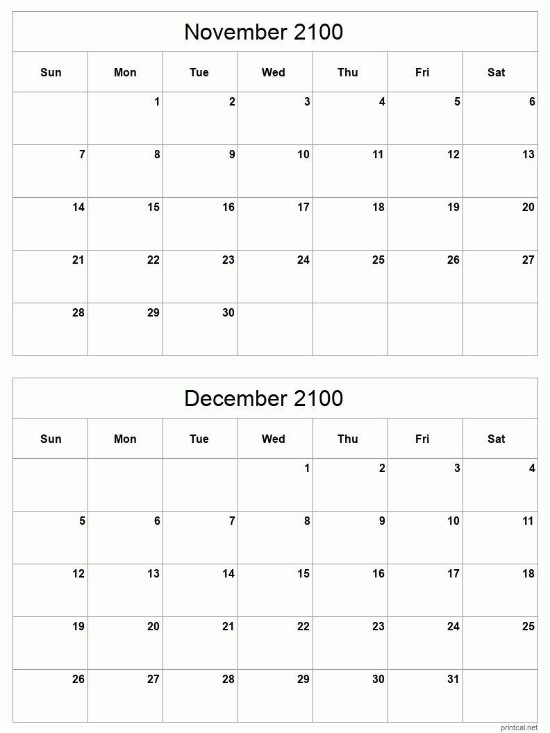 2 month calendar November to December 2100