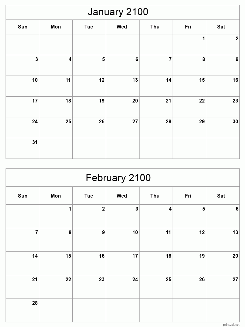 2 month calendar January to February 2100