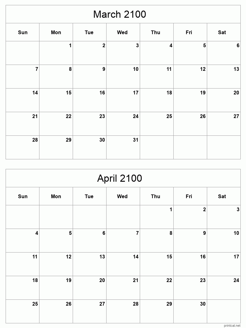 2 month calendar March to April 2100