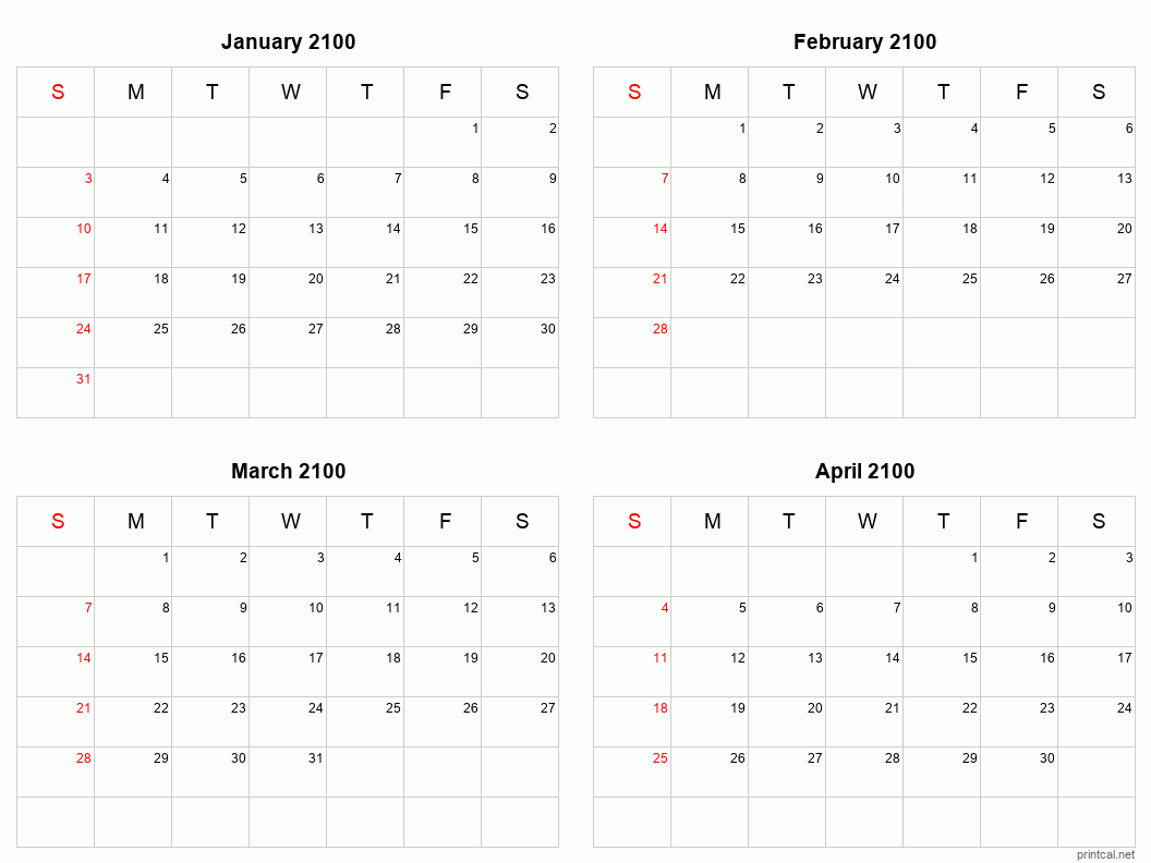 4 month calendar January to April 2100