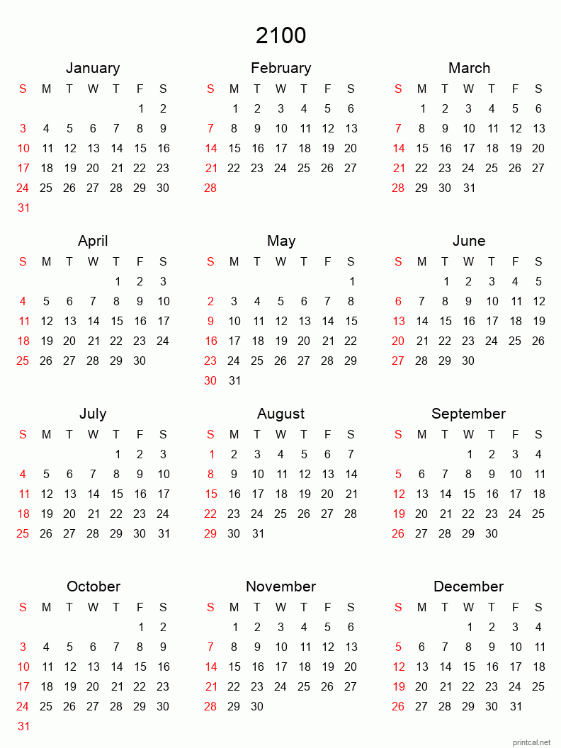 Printable 2100 Yearly Calendar