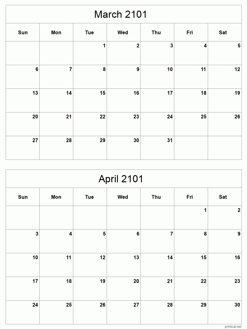 2 month calendar March to April 2101