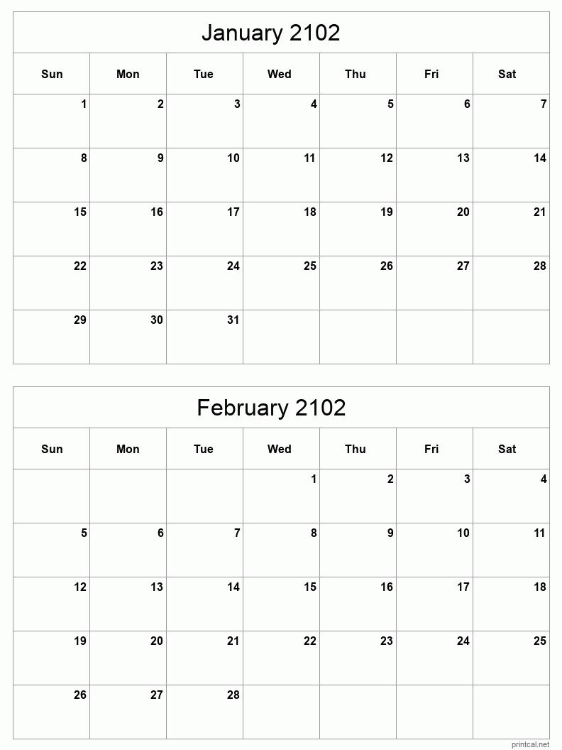 2 month calendar January to February 2102