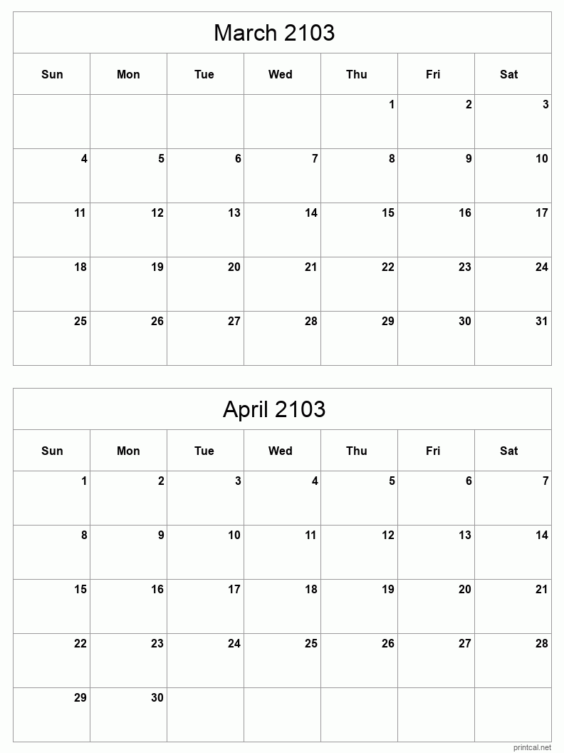 2 month calendar March to April 2103