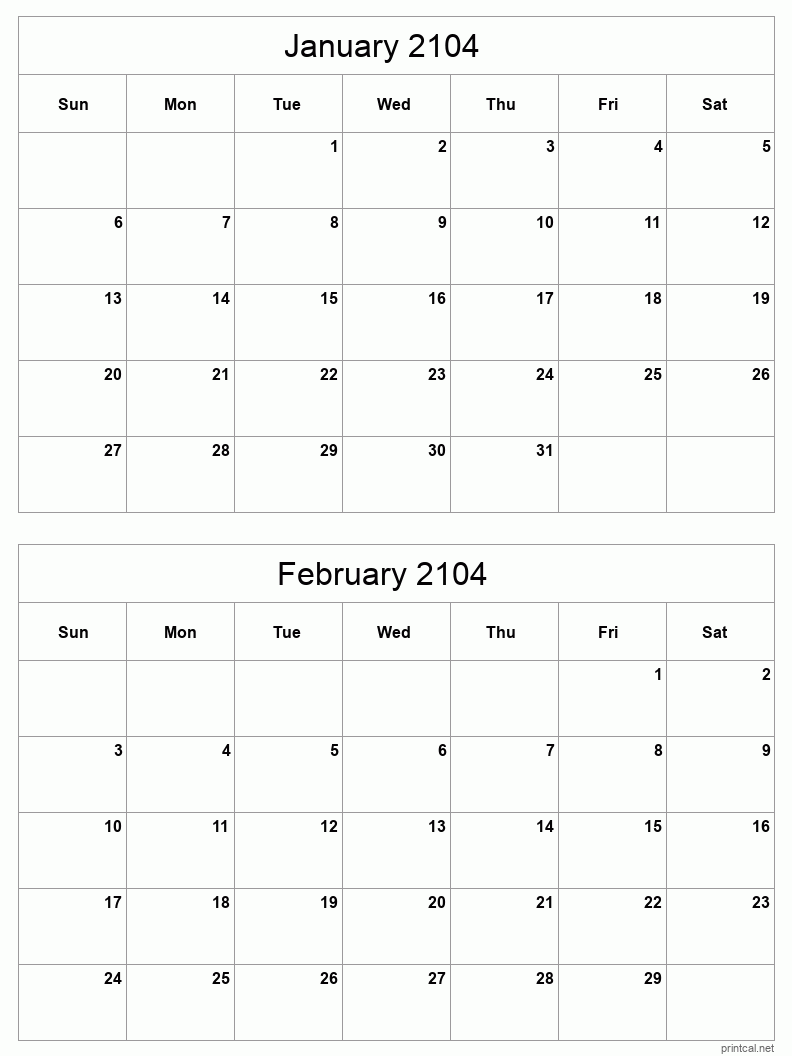 2 month calendar January to February 2104