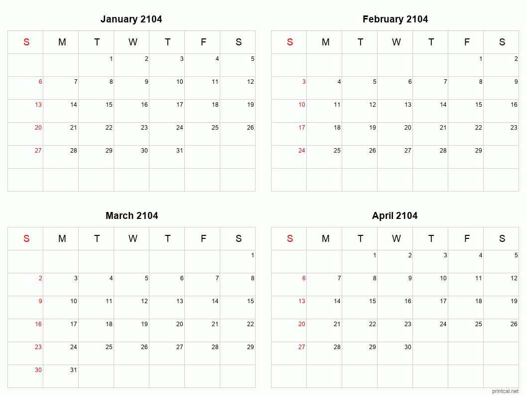 4 month calendar January to April 2104