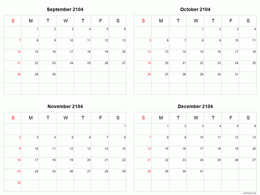 4 month calendar September to December 2104