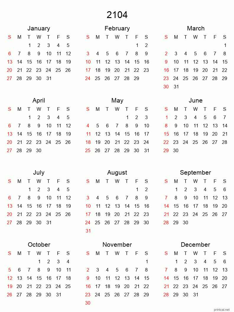 Printable 2104 Yearly Calendar