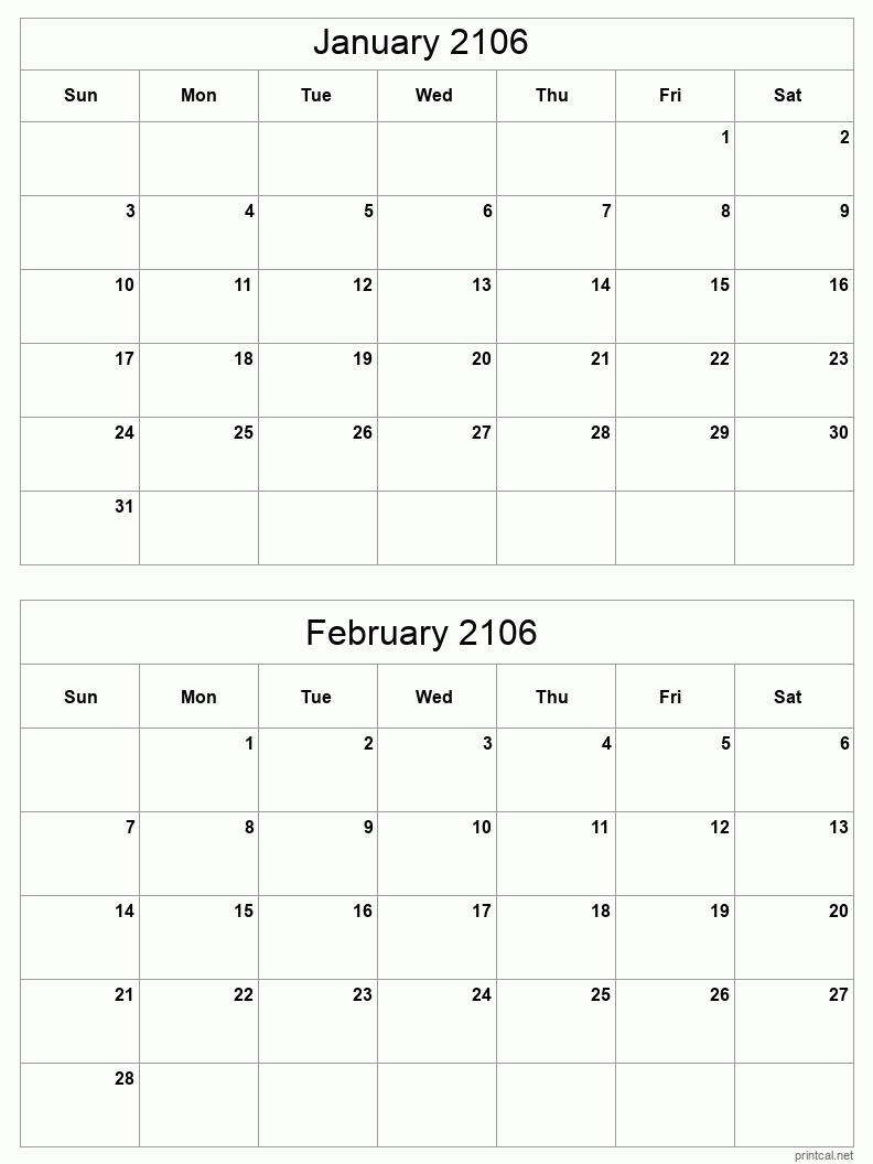 2 month calendar January to February 2106