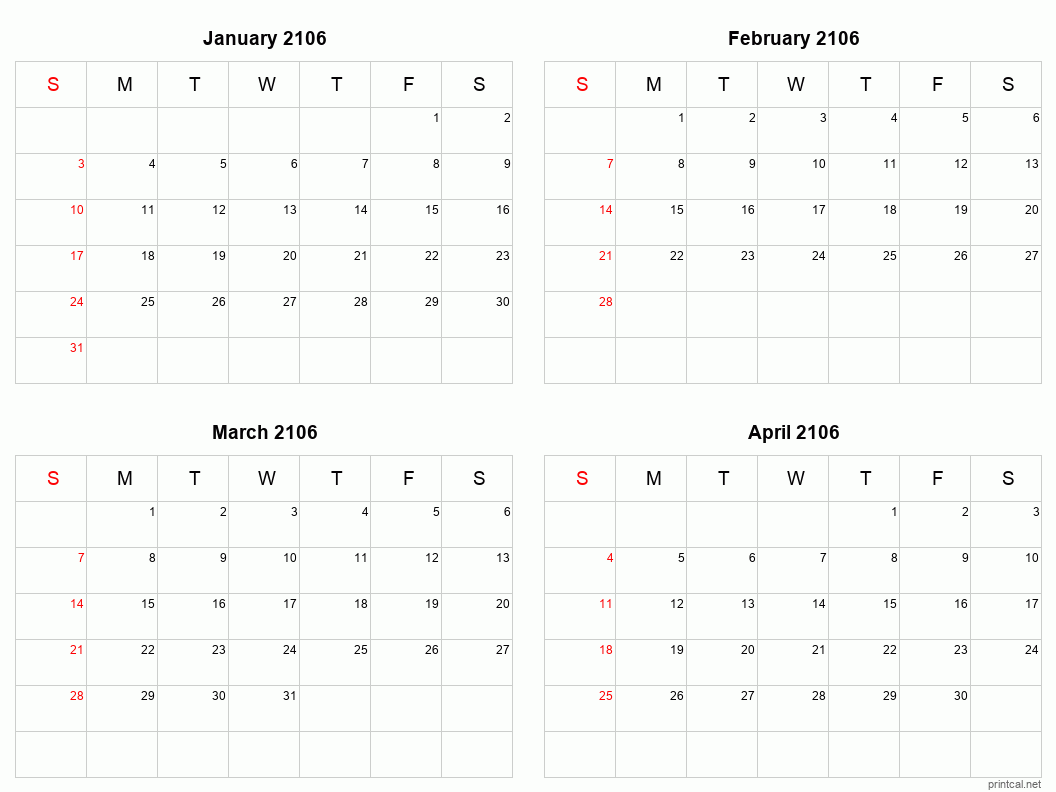 4 month calendar January to April 2106