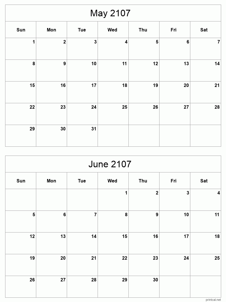 2 month calendar May to June 2107