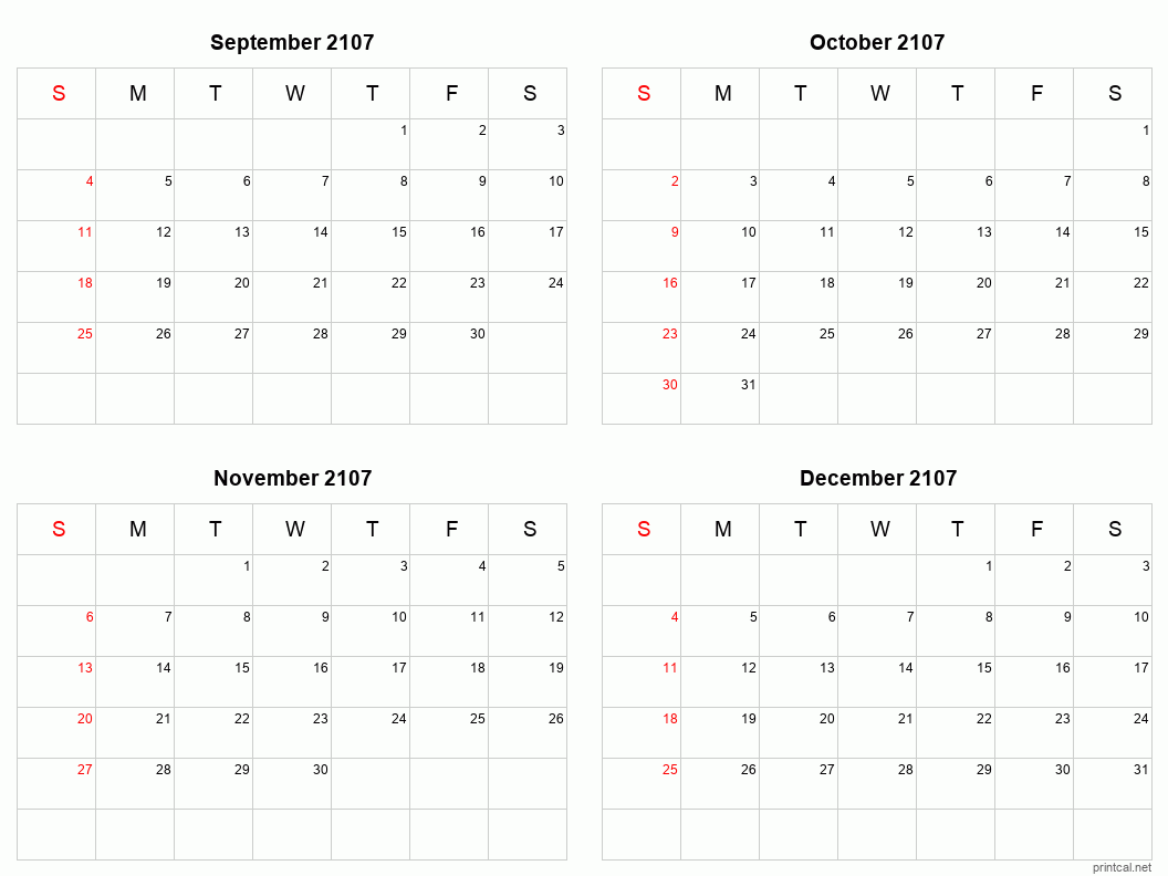 4 month calendar September to December 2107