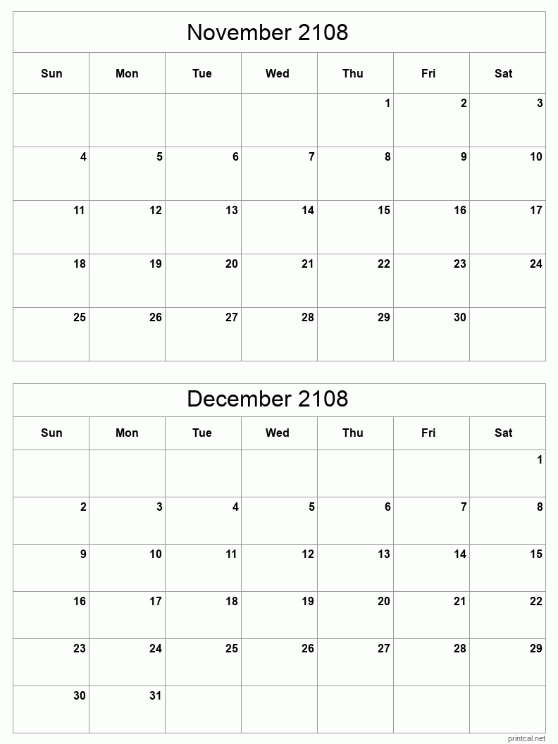 2 month calendar November to December 2108