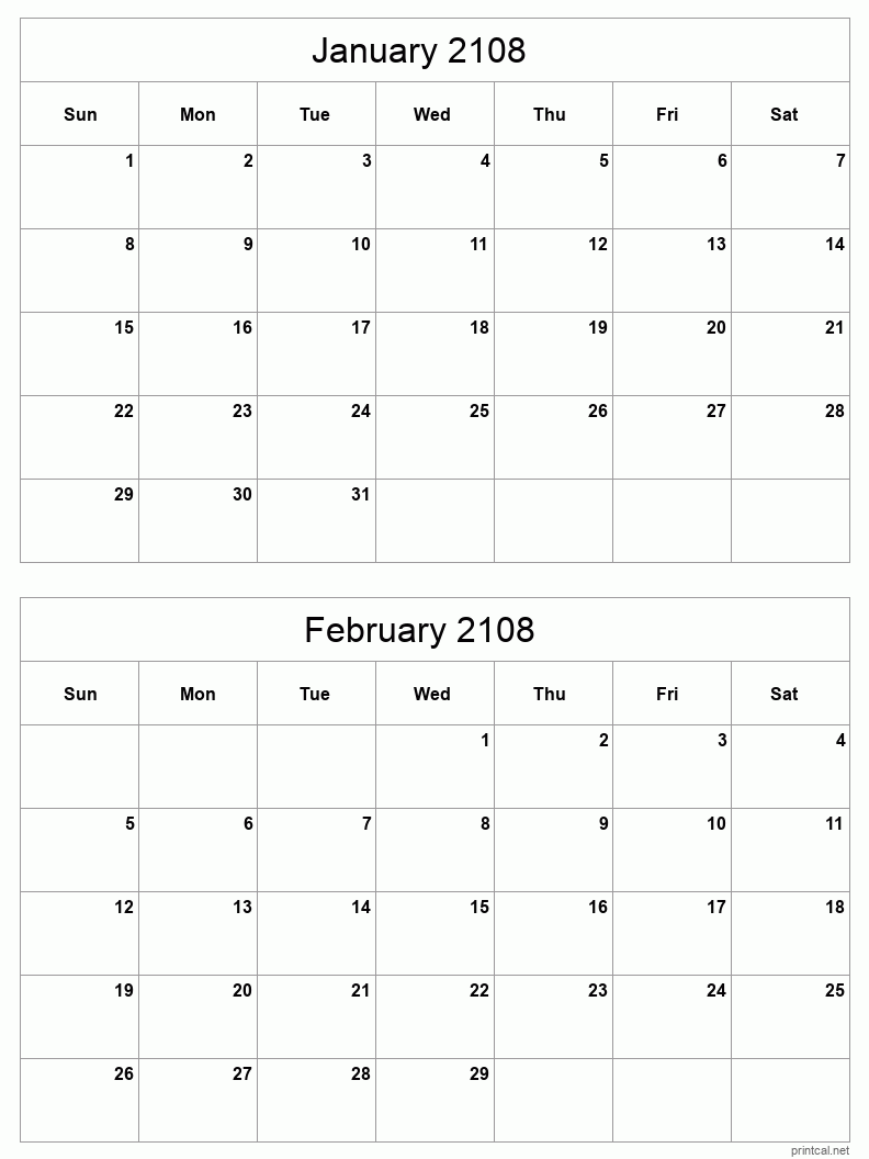 2 month calendar January to February 2108