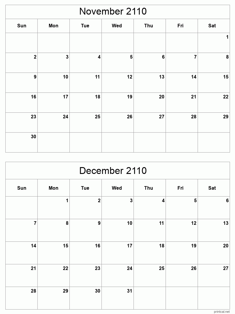 2 month calendar November to December 2110