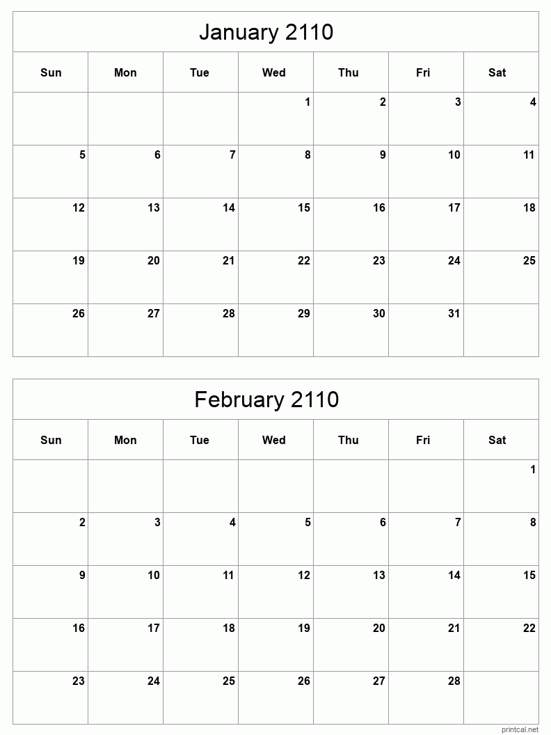 2 month calendar January to February 2110