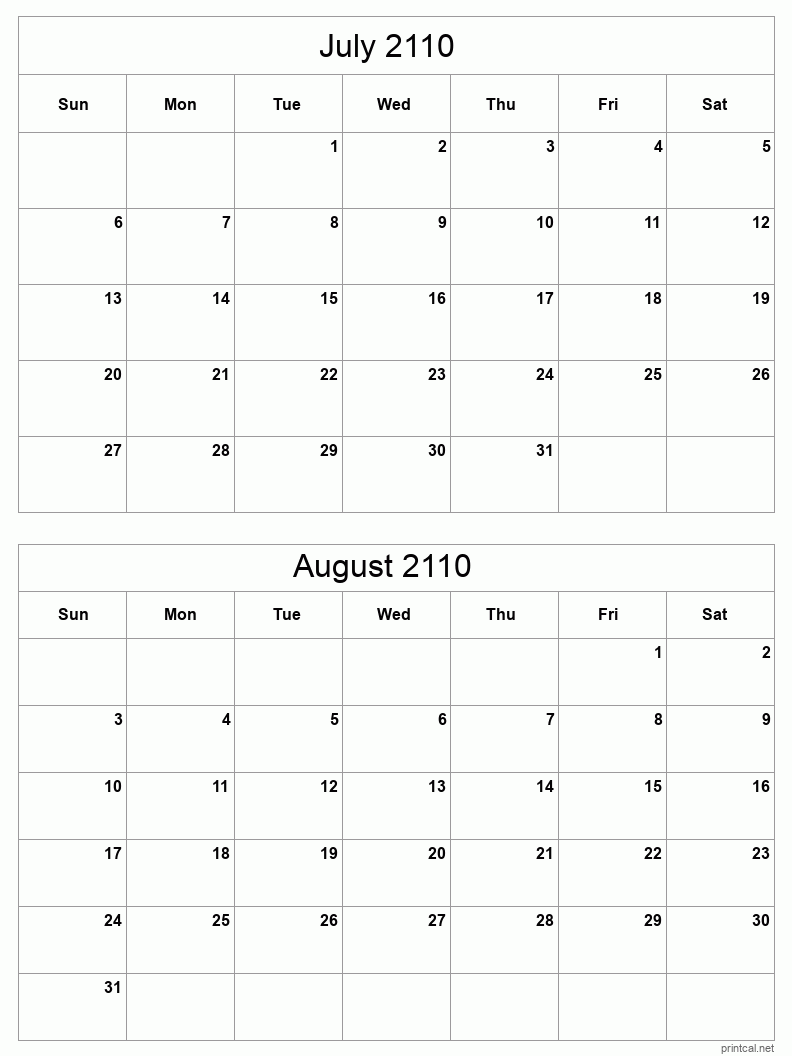 2 month calendar July to August 2110