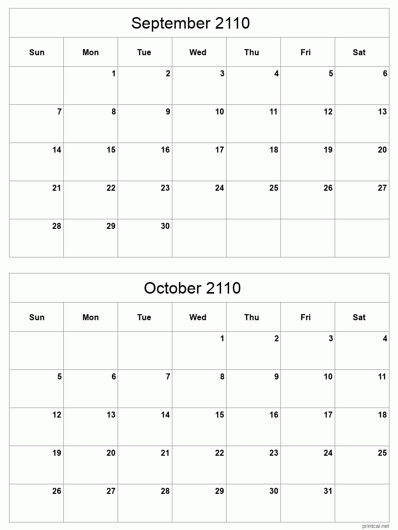 2 month calendar September to October 2110