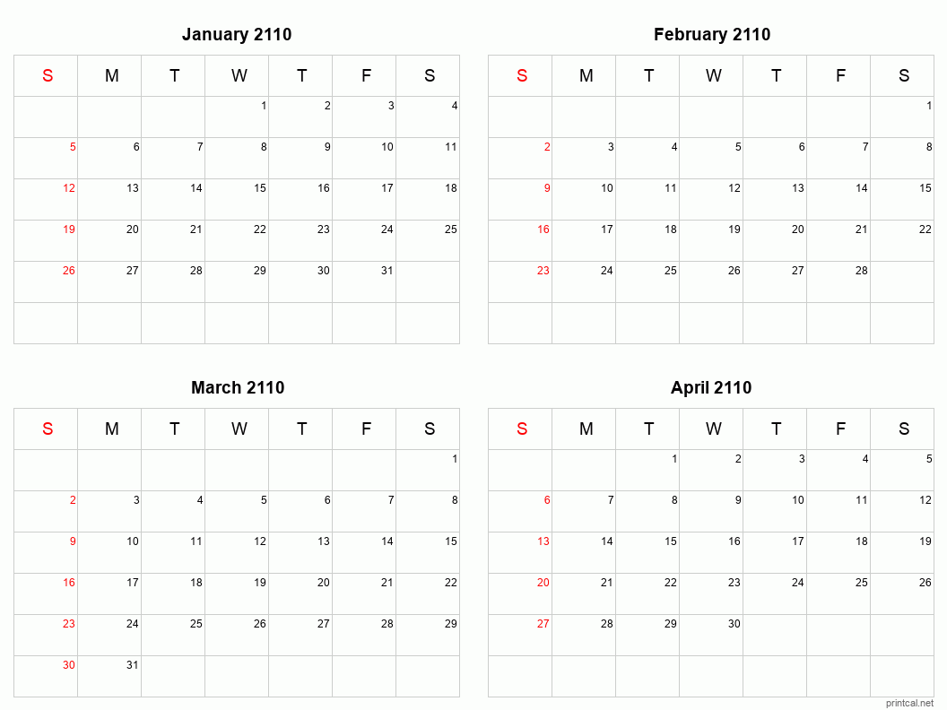 4 month calendar January to April 2110