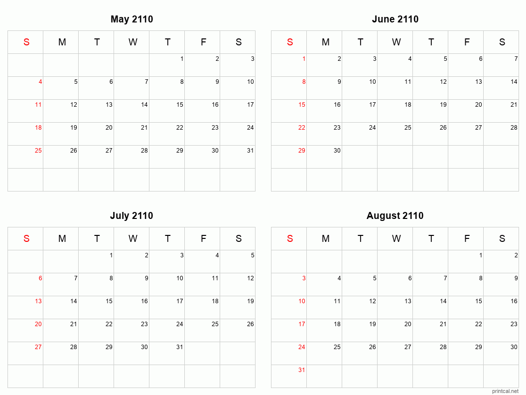 4 month calendar May to August 2110