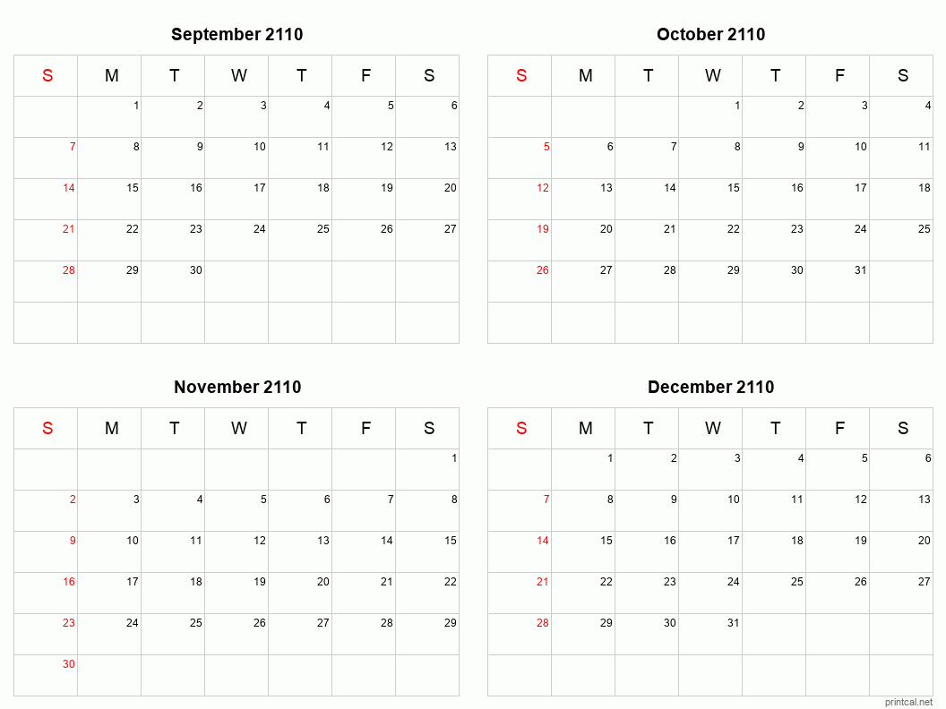 4 month calendar September to December 2110