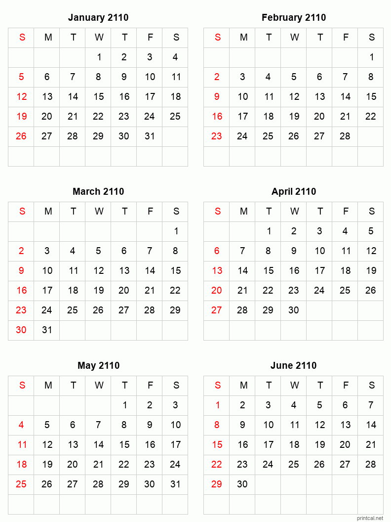 6 month calendar January to June 2110