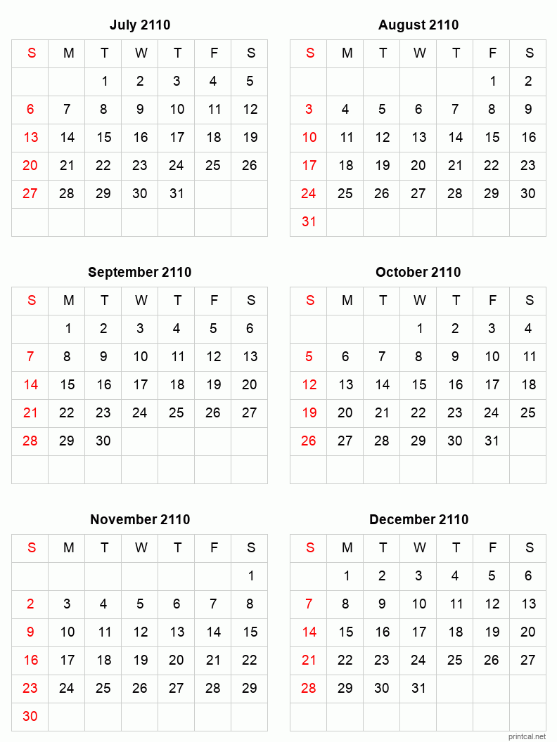 6 month calendar July to December 2110