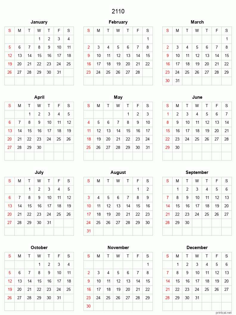 Printable 2110 Full-Year Calendar