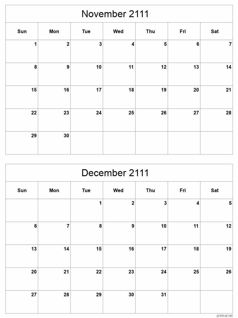 2 month calendar November to December 2111