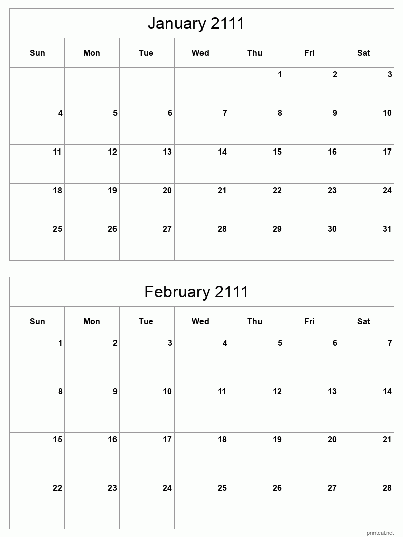 2 month calendar January to February 2111