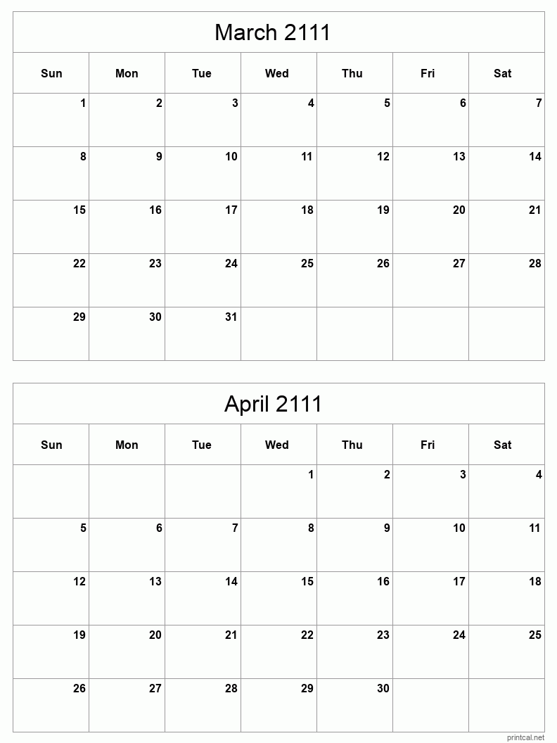 2 month calendar March to April 2111