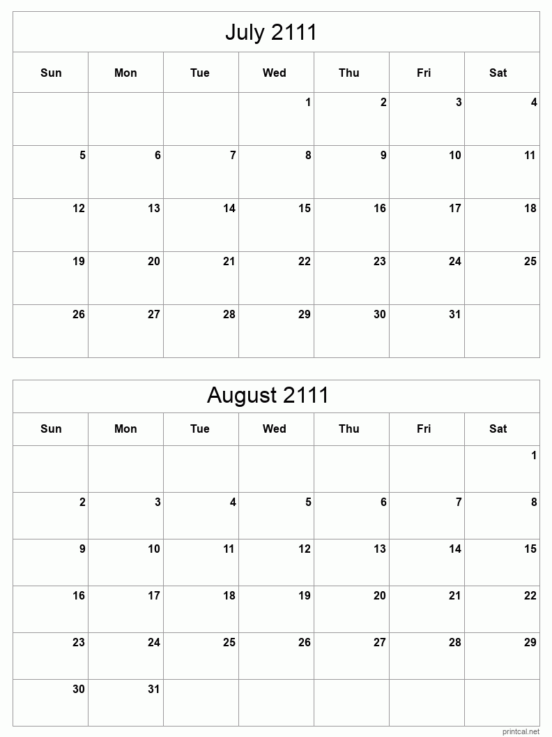 2 month calendar July to August 2111