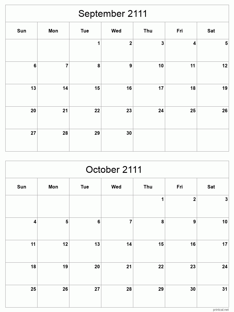 2 month calendar September to October 2111