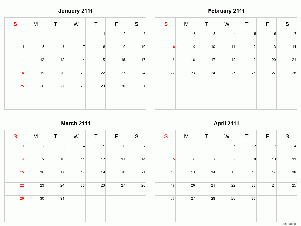 4 month calendar January to April 2111