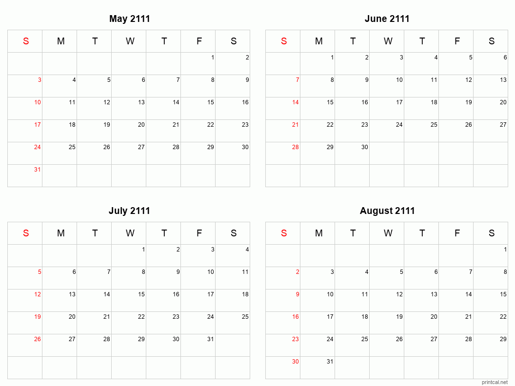 4 month calendar May to August 2111