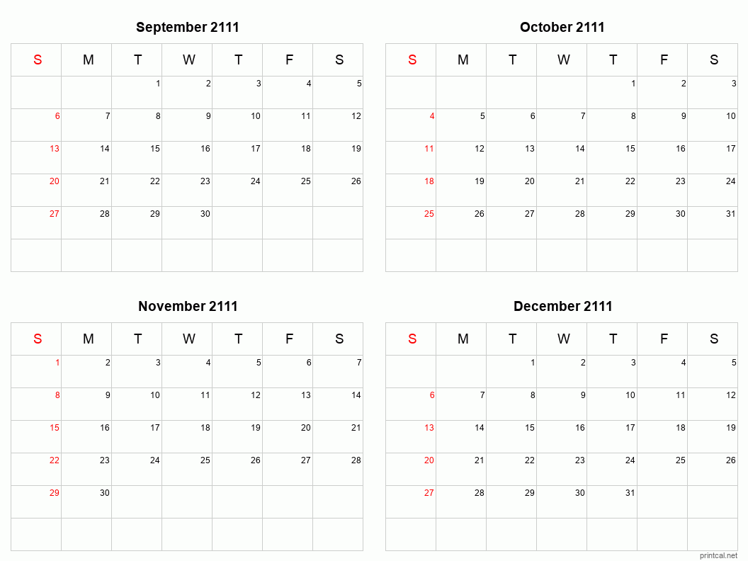 4 month calendar September to December 2111