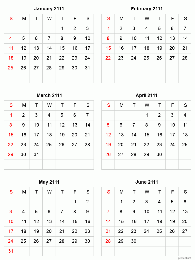 6 month calendar January to June 2111