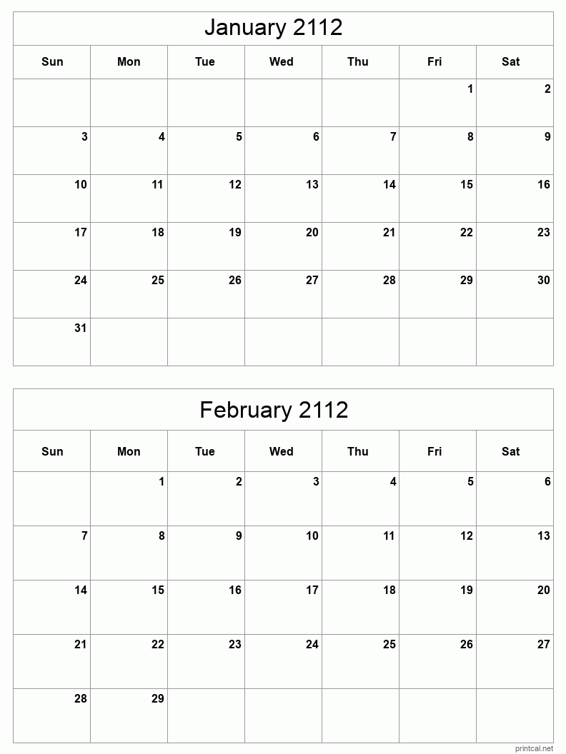 2 month calendar January to February 2112