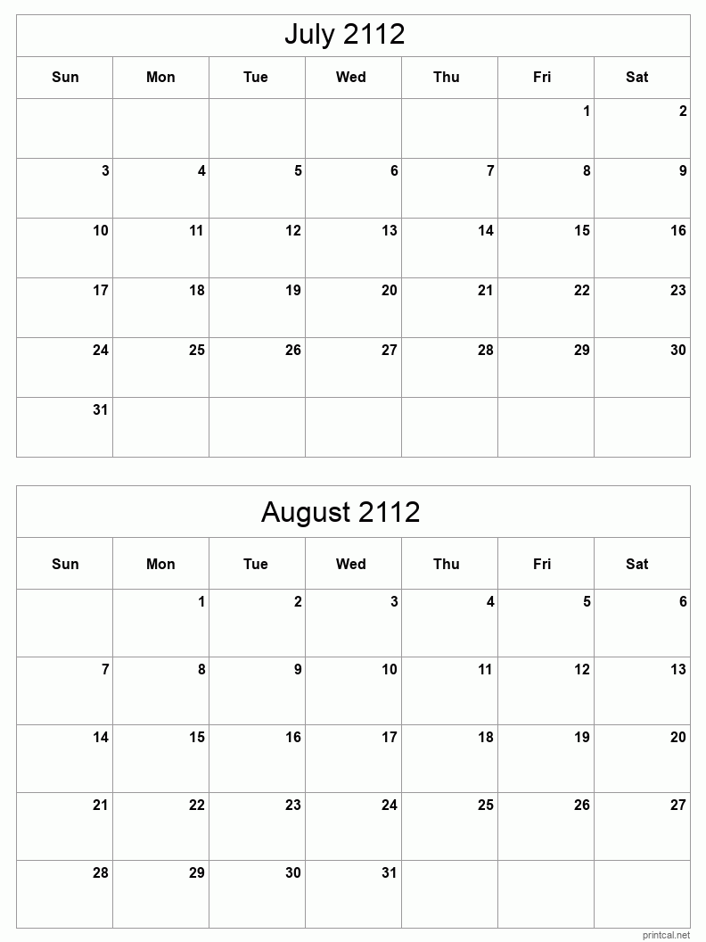 2 month calendar July to August 2112