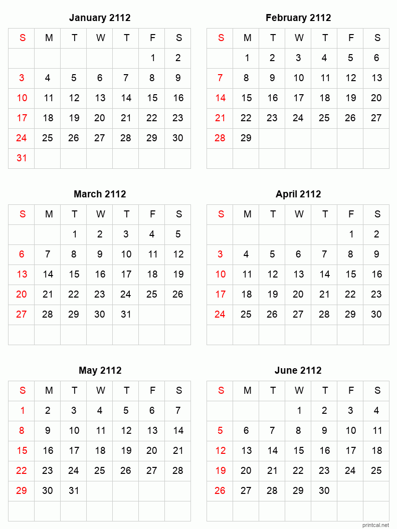 6 month calendar January to June 2112