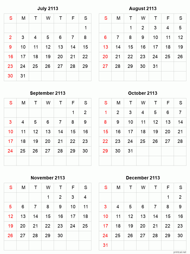 6 month calendar July to December 2113