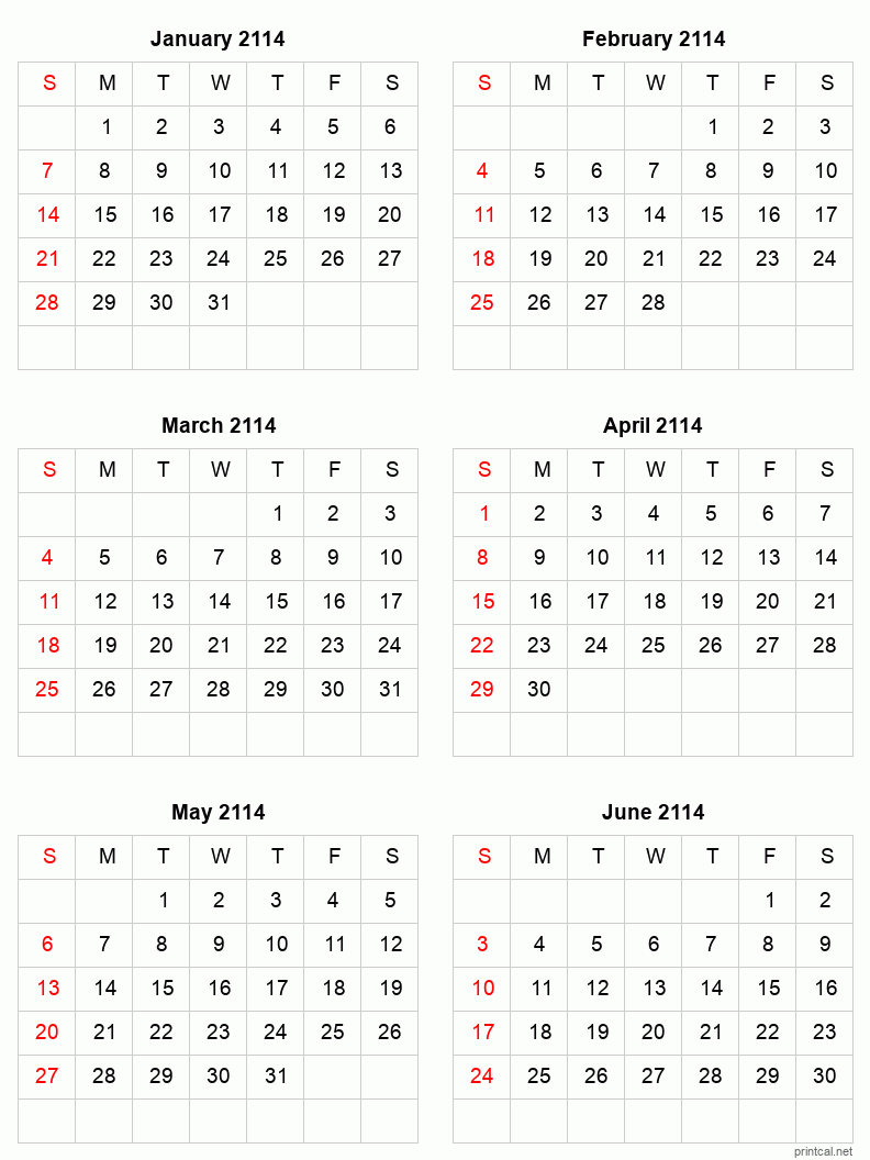 6 month calendar January to June 2114