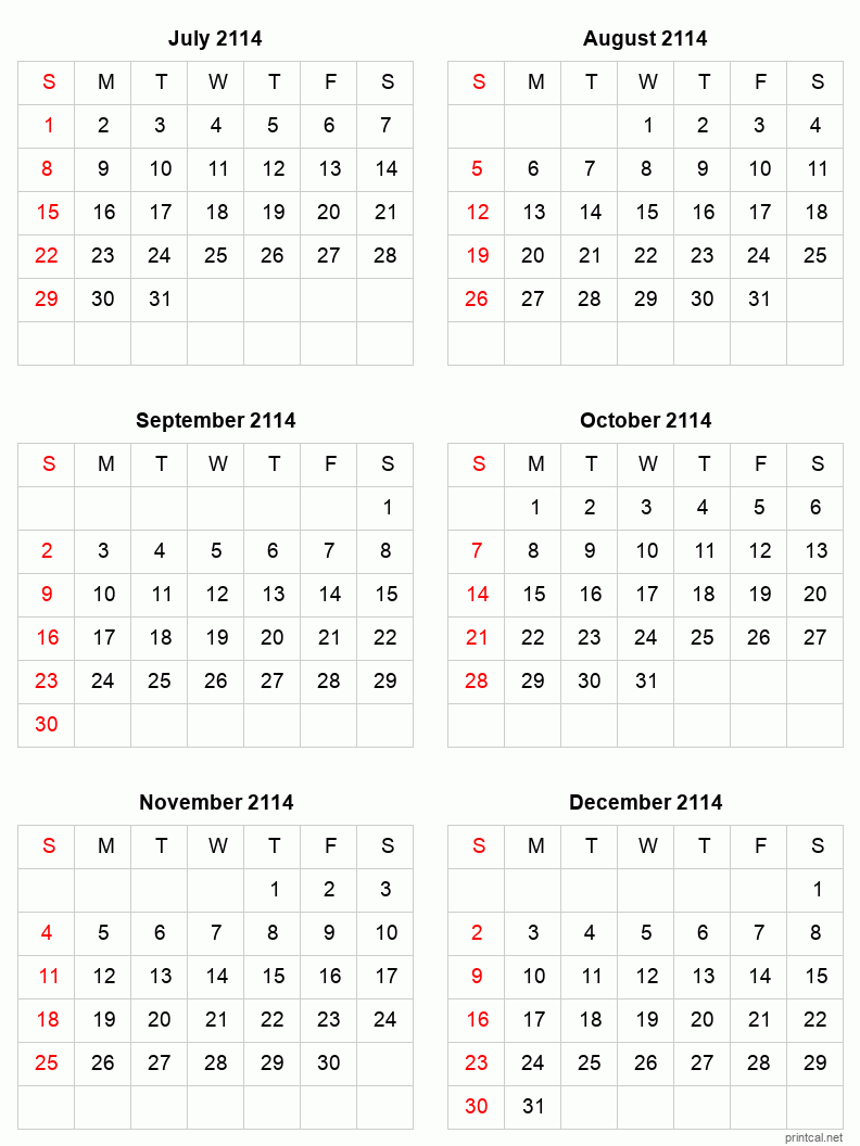 6 month calendar July to December 2114